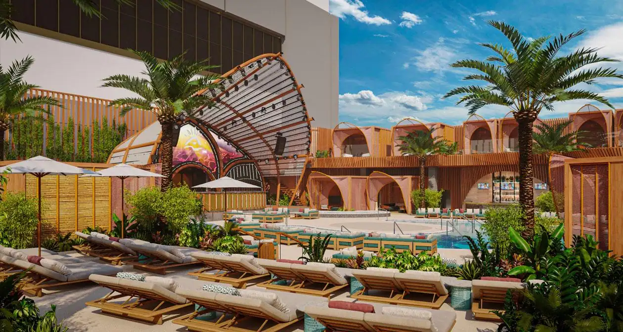 AYU Dayclub bottle service cabanas, daybeds and VIP seating at Resorts World Las Vegas.