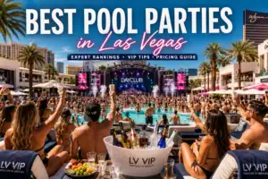 Guests enjoying a luxury VIP cabana overlooking a packed Las Vegas pool party with world-famous DJs, champagne presentations, and a vibrant daytime atmosphere.