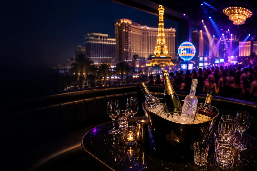 Luxury Las Vegas nightclub VIP table with bottle service overlooking the Las Vegas Strip, illustrating bottle service cost per person.