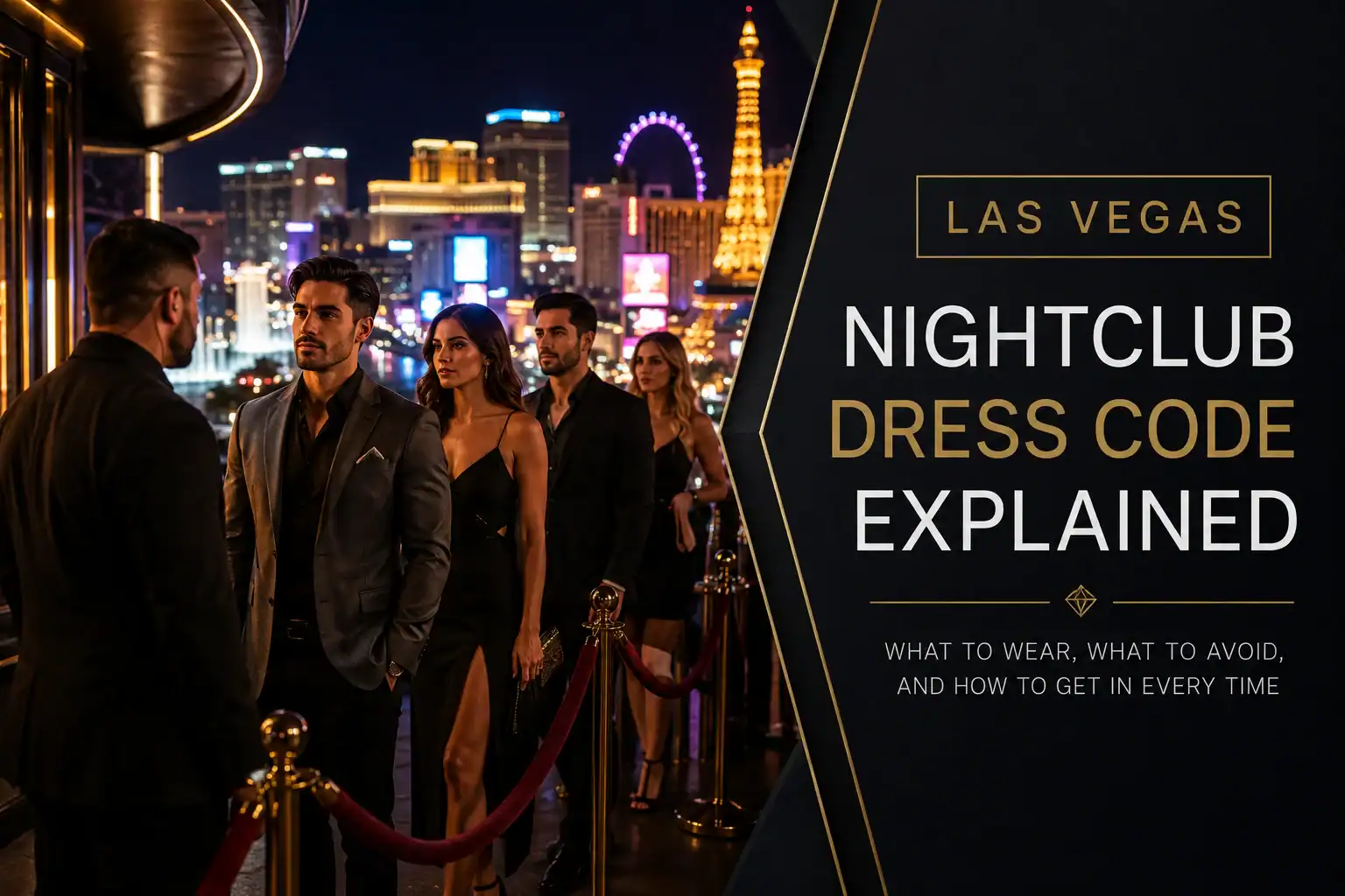 Las Vegas nightclub dress code graphic showing polished nightlife outfit guidance for men and women