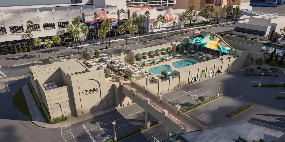 OMNIA Dayclub and Skybar at Caesars Palace with pools, cabanas, palm trees, and the Las Vegas Strip setting.