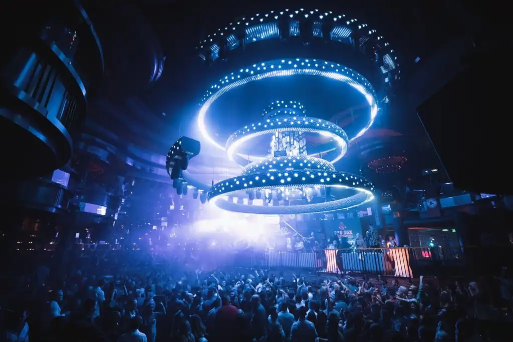 Omnia Nightclub kinetic chandelier above the Main Room dance floor at Caesars Palace in Las Vegas