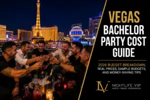 Group of friends celebrating at a Las Vegas rooftop nightclub during a bachelor party with the Las Vegas Strip skyline, representing the Vegas bachelor party cost guide.