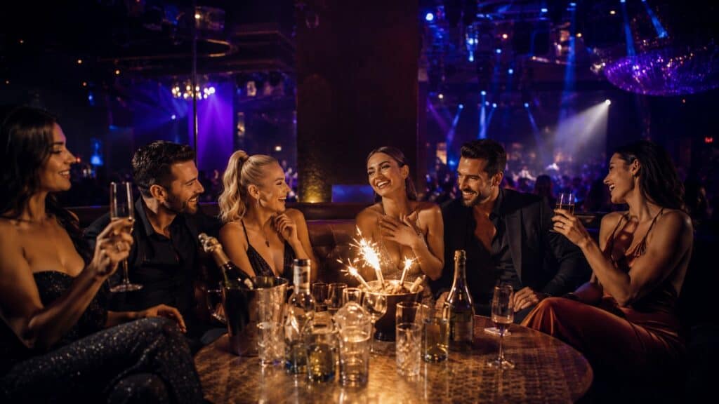 Birthday group celebrating at a Las Vegas nightclub VIP table