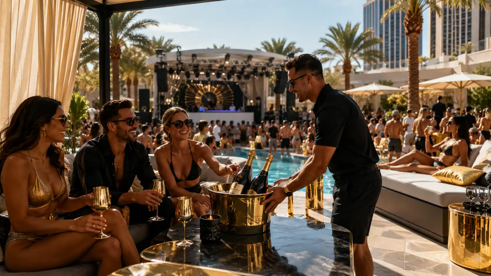 VIP cabana and daybed bottle service at a Las Vegas pool party