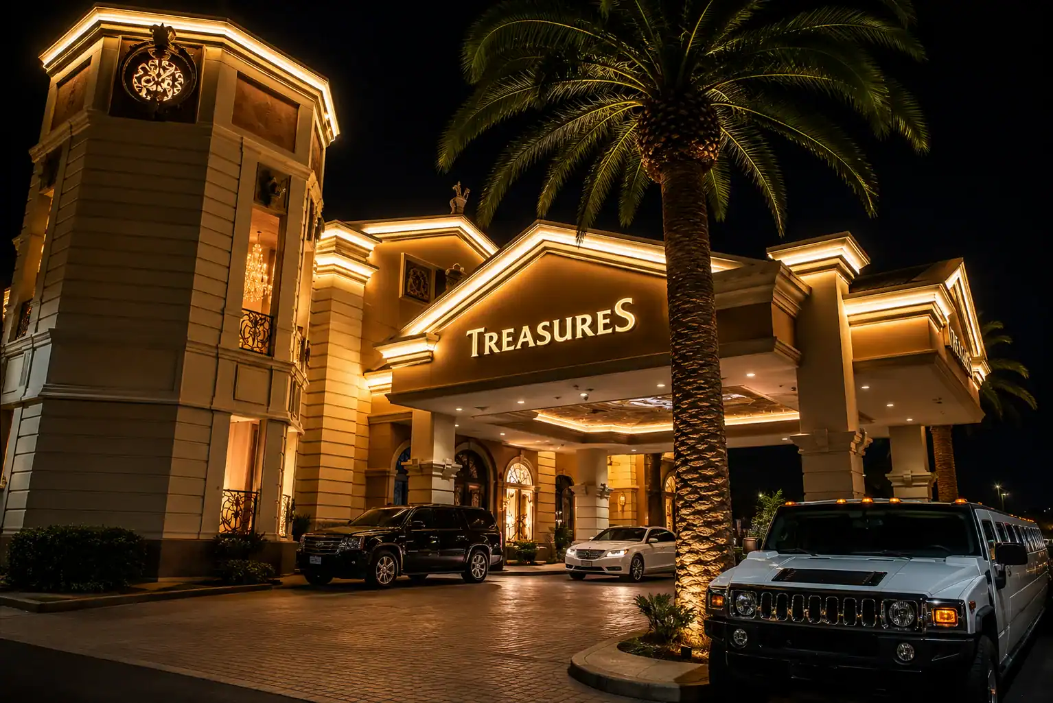 Exterior entrance of Treasures Gentlemen's Club and Steakhouse on Westwood Drive in Las Vegas