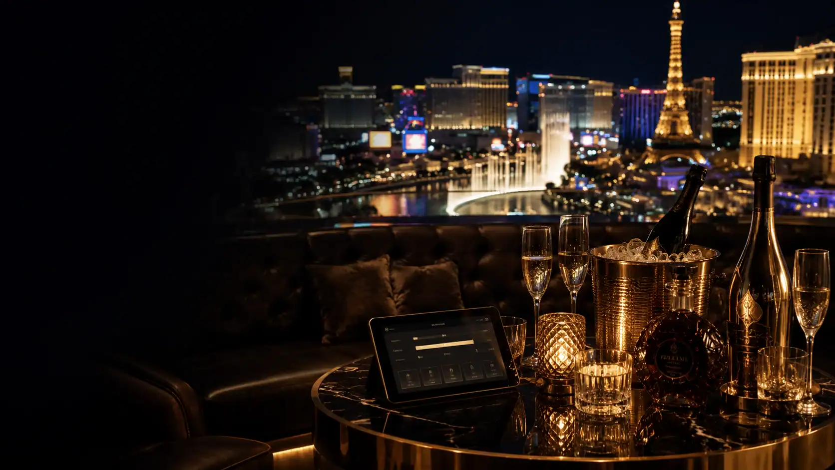 Las Vegas bottle service planning with VIP bottles, champagne, a digital cost calculator, and the illuminated Strip at night.