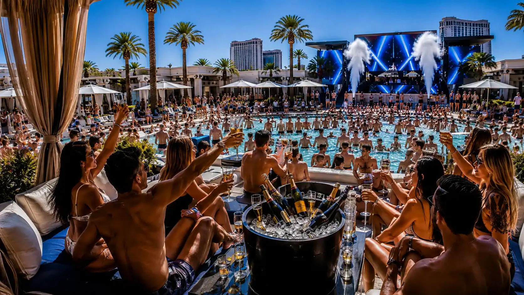 Las Vegas pool party packages with VIP cabana guests overlooking a crowded dayclub pool and DJ stage.