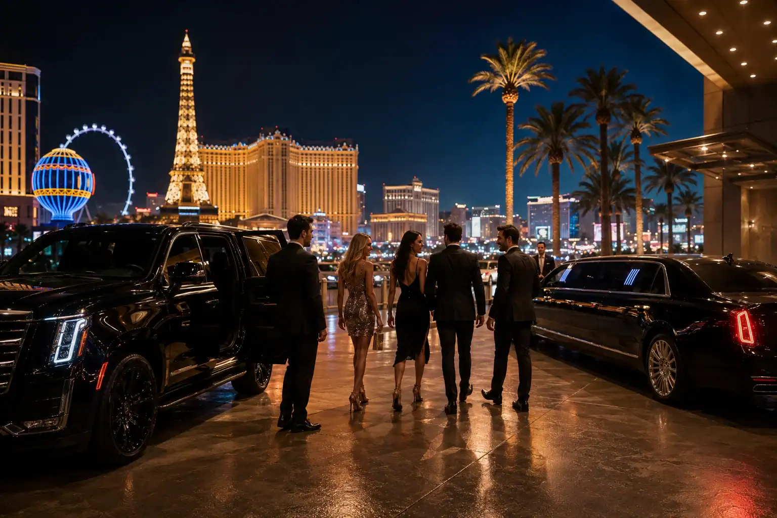 Las Vegas nightclub transportation guide hero image showing a luxury SUV arrival on the Strip with upscale nightlife venues and city lights in the background.