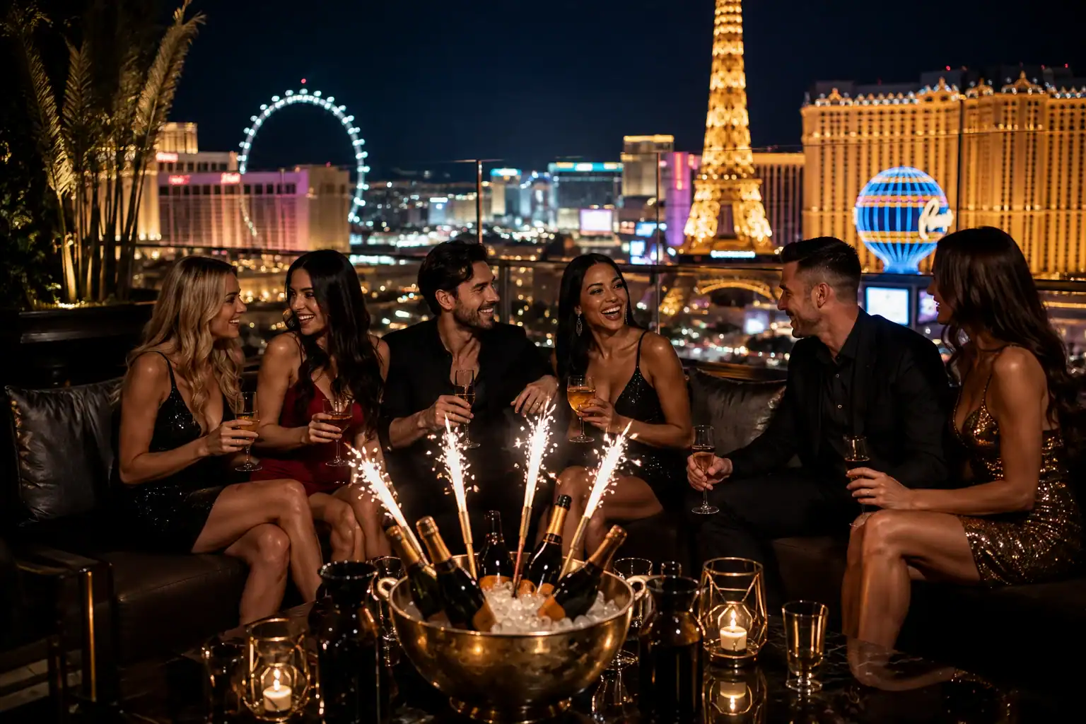 Friends enjoying a luxury Las Vegas VIP nightlife experience with champagne bottle service overlooking the illuminated Strip.