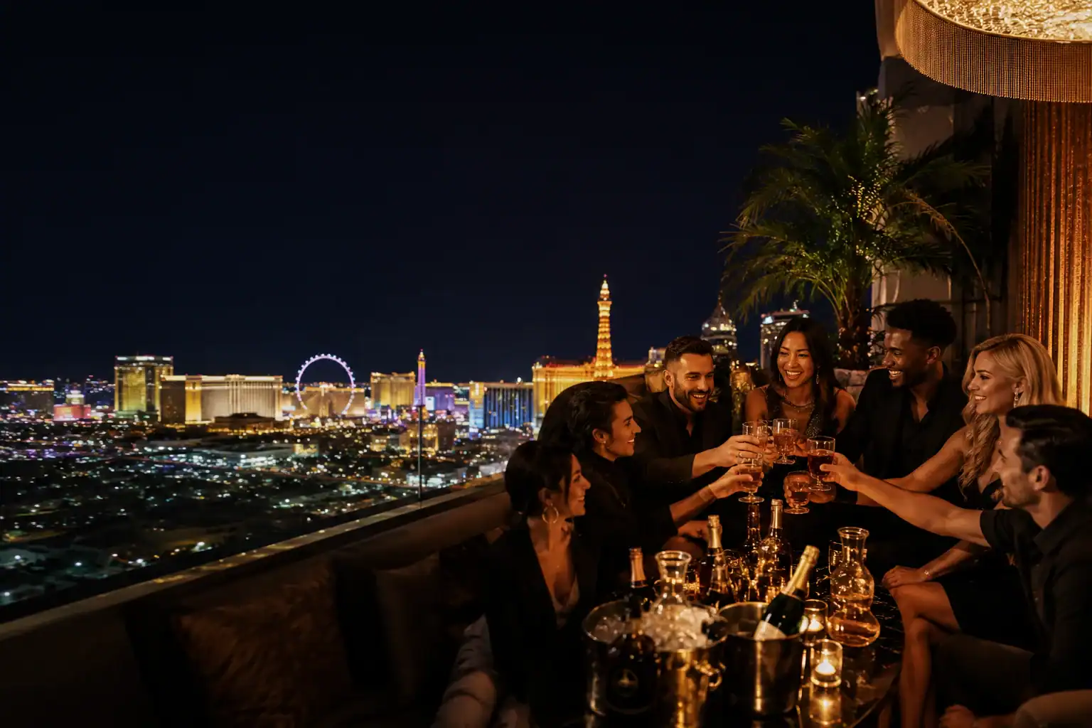 Friends sharing a Las Vegas VIP table with bottle service while celebrating together overlooking the illuminated Strip.