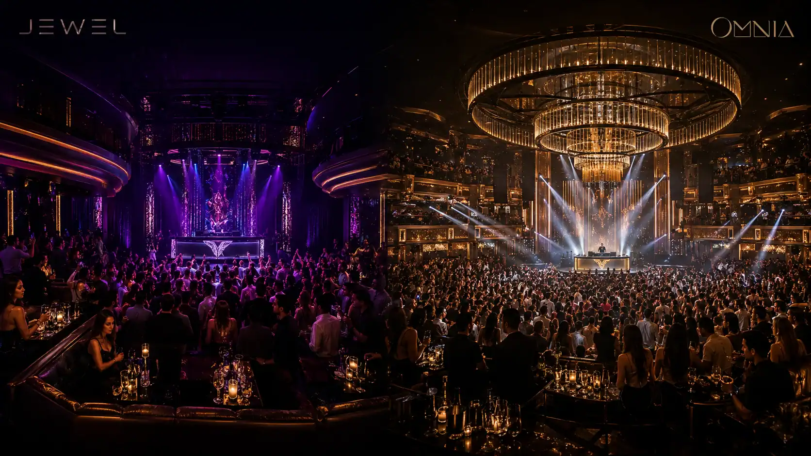 Jewel vs OMNIA Las Vegas nightclub comparison artwork showing Jewel’s concentrated club experience and OMNIA’s larger-scale production concept.