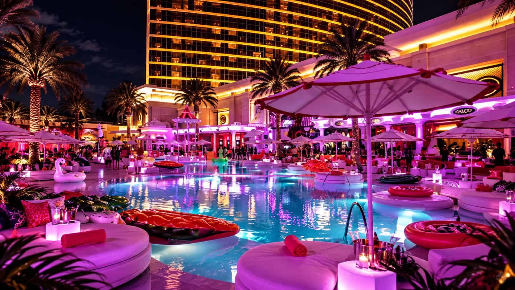 Encore Beach Club at Night pool area with VIP tables, cabanas and illuminated nightlife setting
