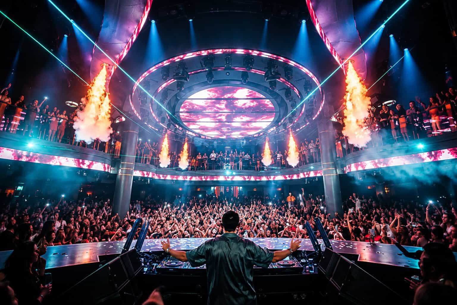 LIV Las Vegas nightclub main room with DJ booth, packed dance floor, circular lighting and pyrotechnics