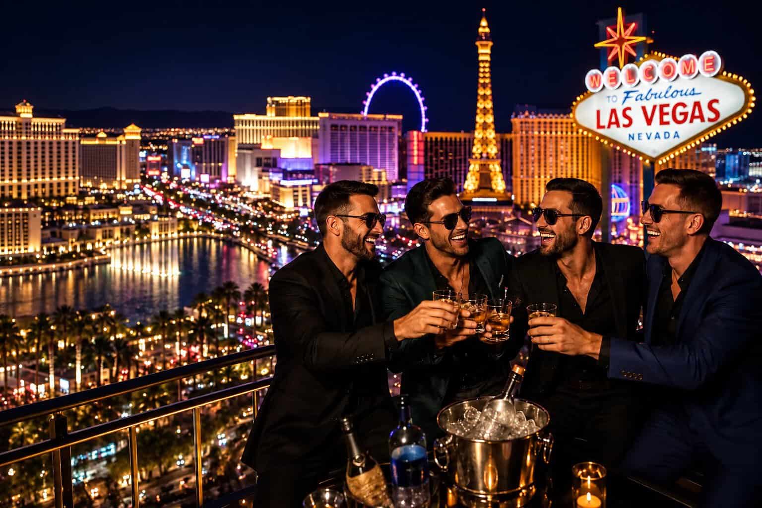 Group of friends celebrating a Las Vegas bachelor party with drinks overlooking the Strip