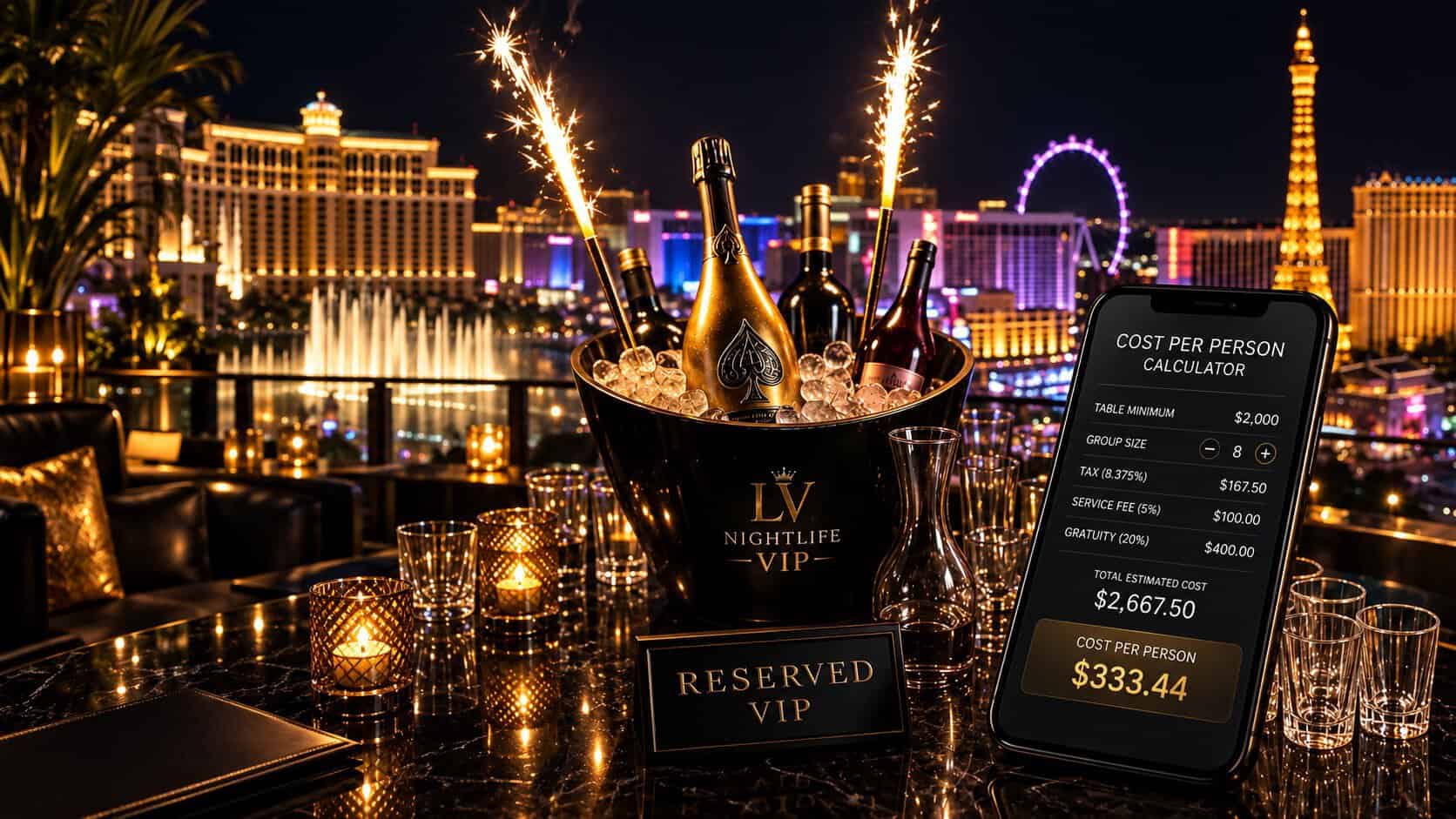 Las Vegas bottle service cost per person calculator with VIP table bottles and Strip nightlife