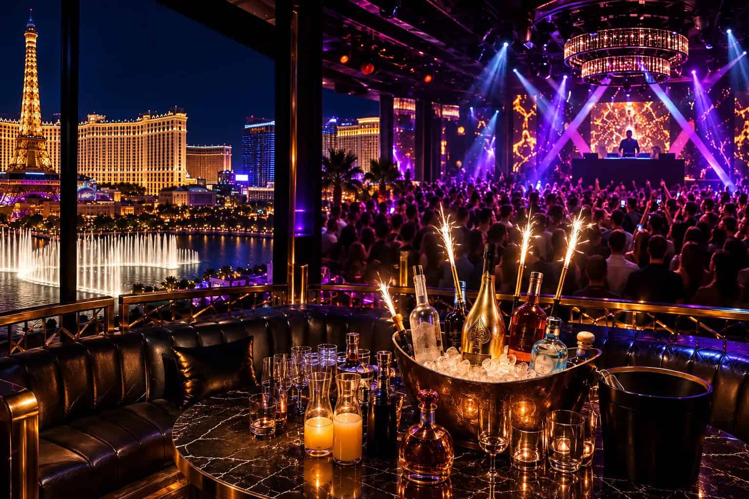 Las Vegas nightclub bottle service table with premium bottles, sparklers and a packed dance floor