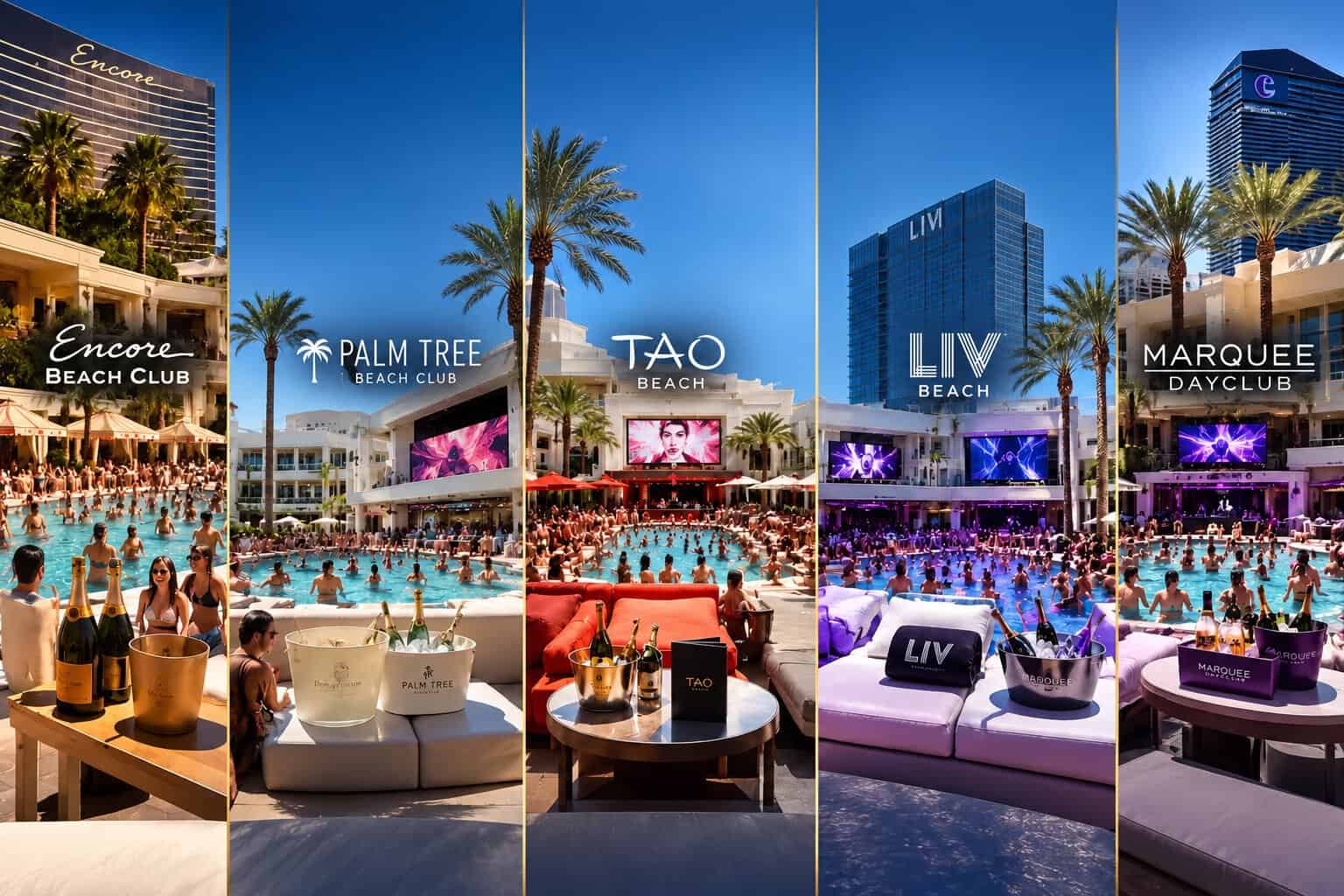 Las Vegas pool party comparison featuring Encore Beach Club, Palm Tree Beach Club, TAO Beach, LIV Beach and Marquee Dayclub