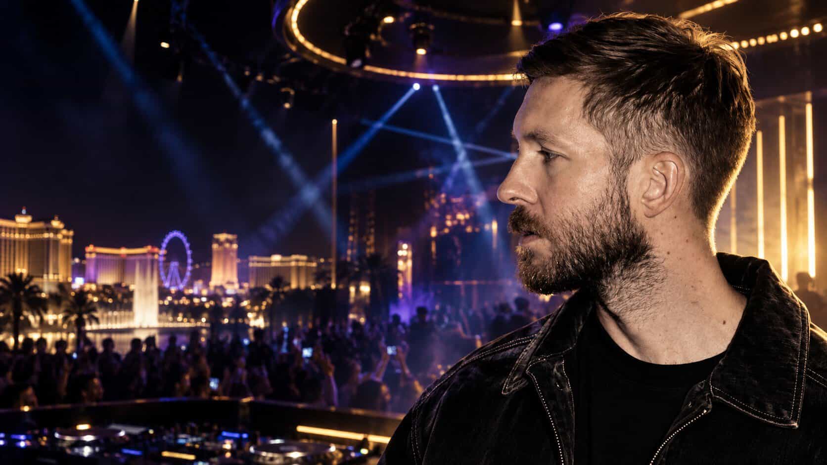 Las Vegas DJ residency scene for a Calvin Harris nightlife guide with Strip views and nightclub lighting