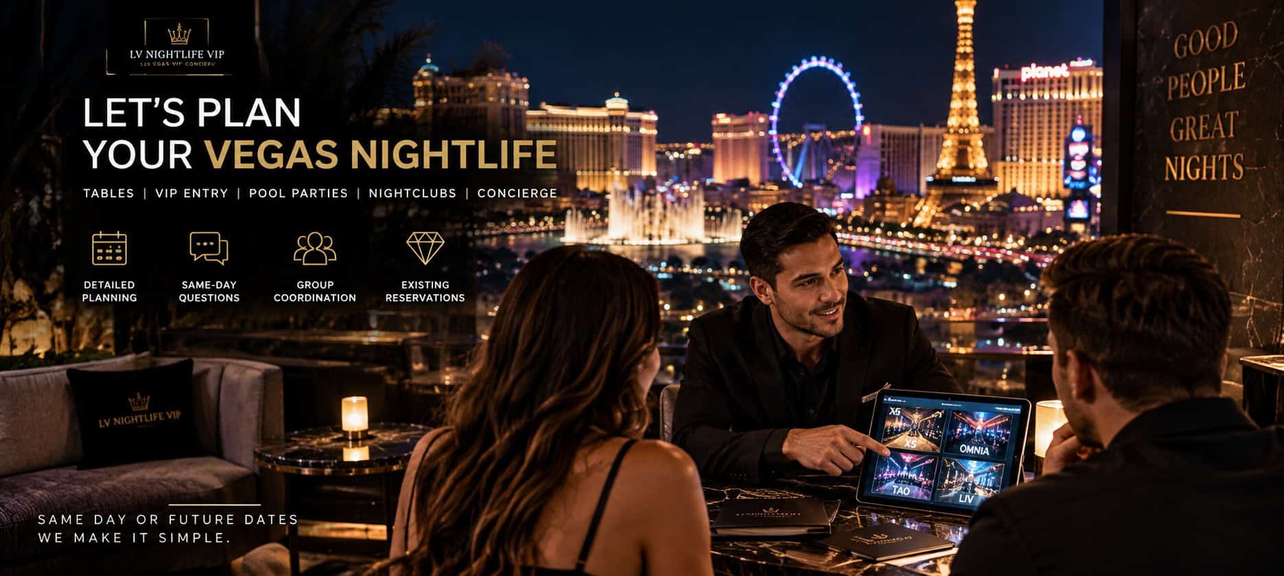 LV Nightlife VIP host helping guests plan Las Vegas nightlife with Strip views and venue options