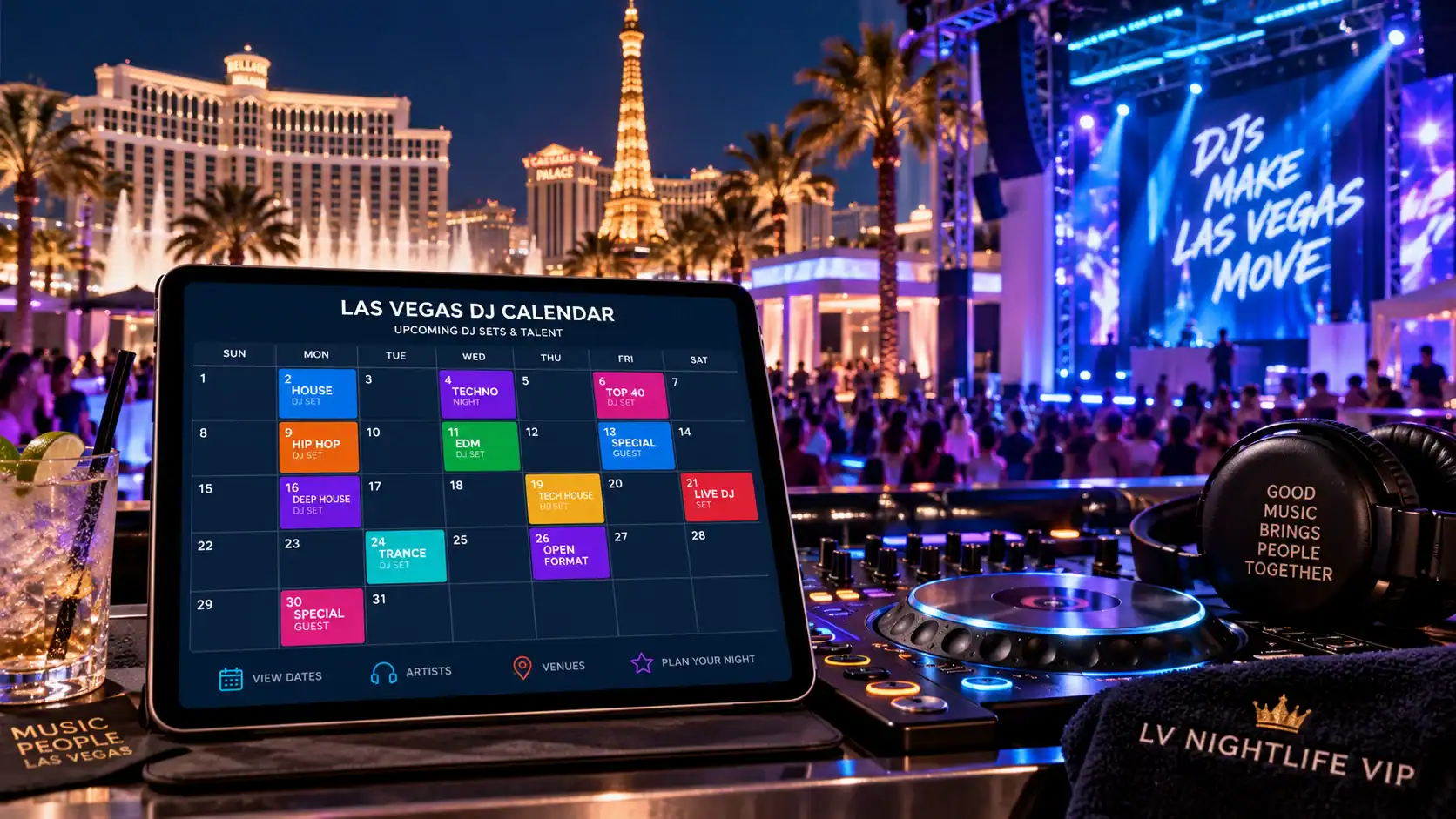 Las Vegas DJ Calendar displayed on a tablet beside a nightclub DJ booth with current DJ sets, venues and nightlife event dates.