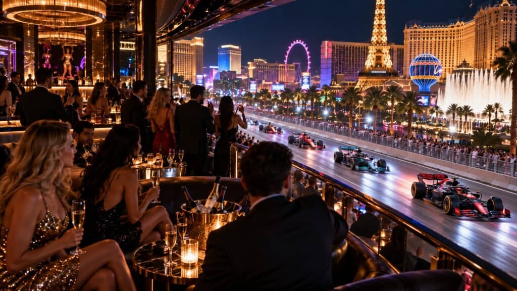 Las Vegas Formula 1 night race viewed from a nightclub VIP lounge on the Strip
