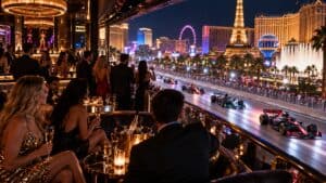 Las Vegas Formula 1 night race viewed from a nightclub VIP lounge on the Strip