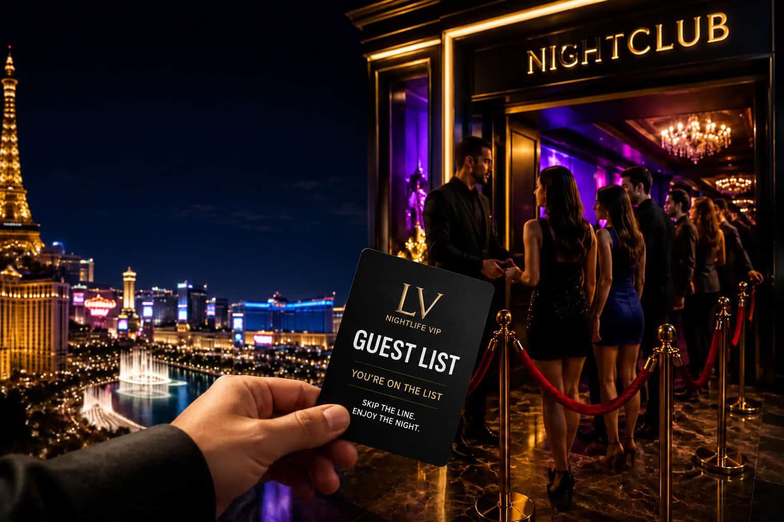 Guests waiting outside a Las Vegas nightclub while a host checks the guest list at the entrance