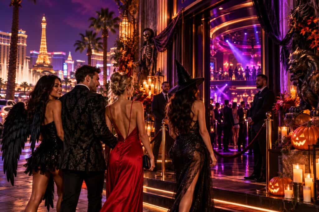 Las Vegas Halloween nightlife with costumed guests entering an upscale nightclub