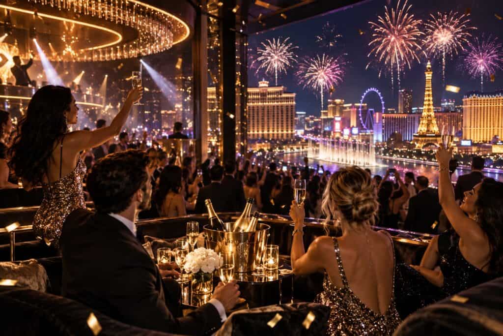 Las Vegas New Year's Eve nightlife with VIP guests celebrating inside a luxury nightclub with fireworks over the Strip