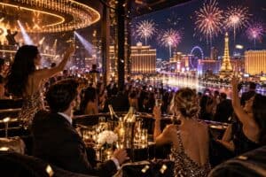 Las Vegas New Year's Eve nightlife with VIP guests celebrating inside a luxury nightclub with fireworks over the Strip