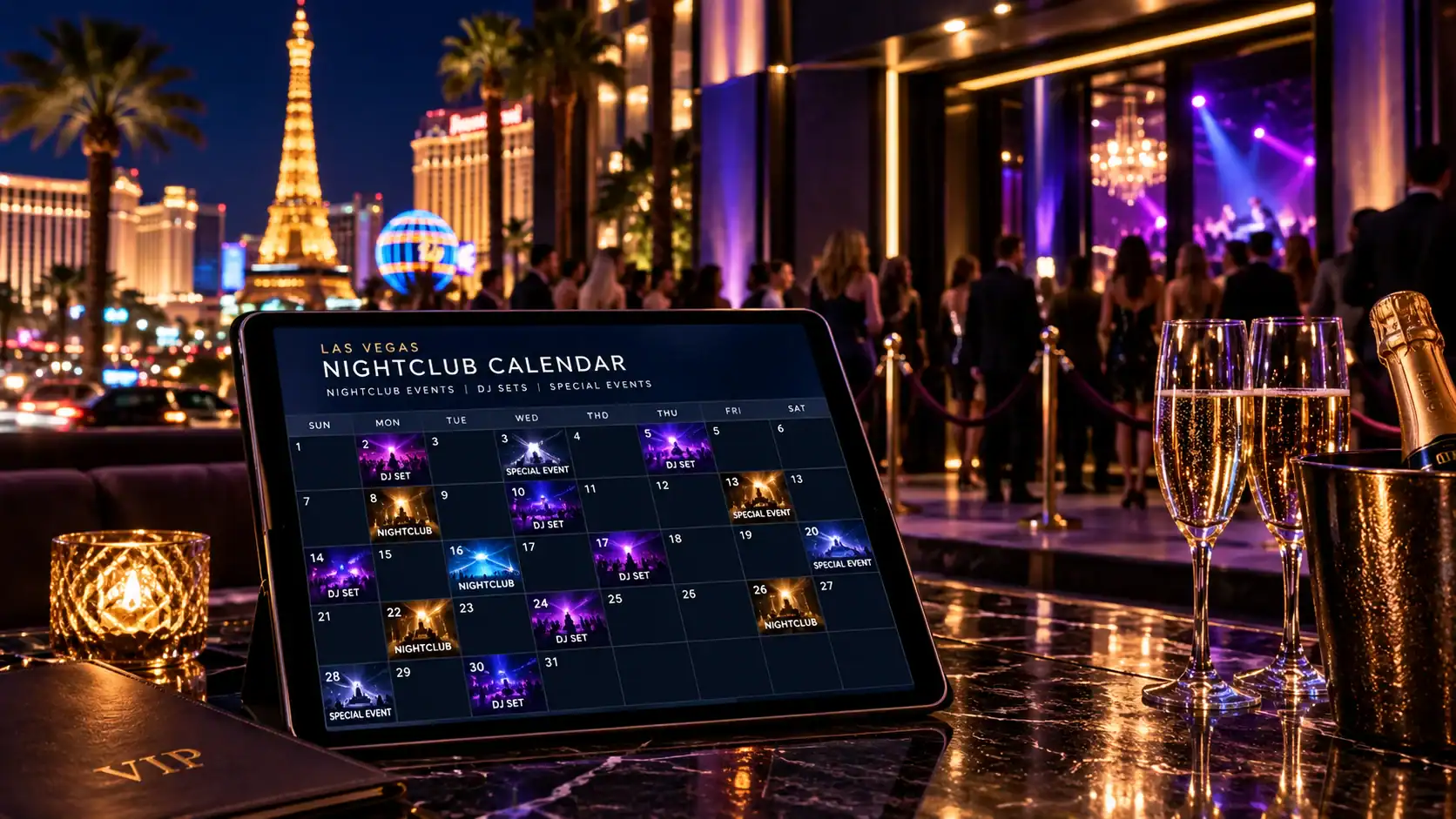 Las Vegas Nightclub Calendar displayed on a tablet outside a luxury Strip nightclub with DJ sets and special event dates.