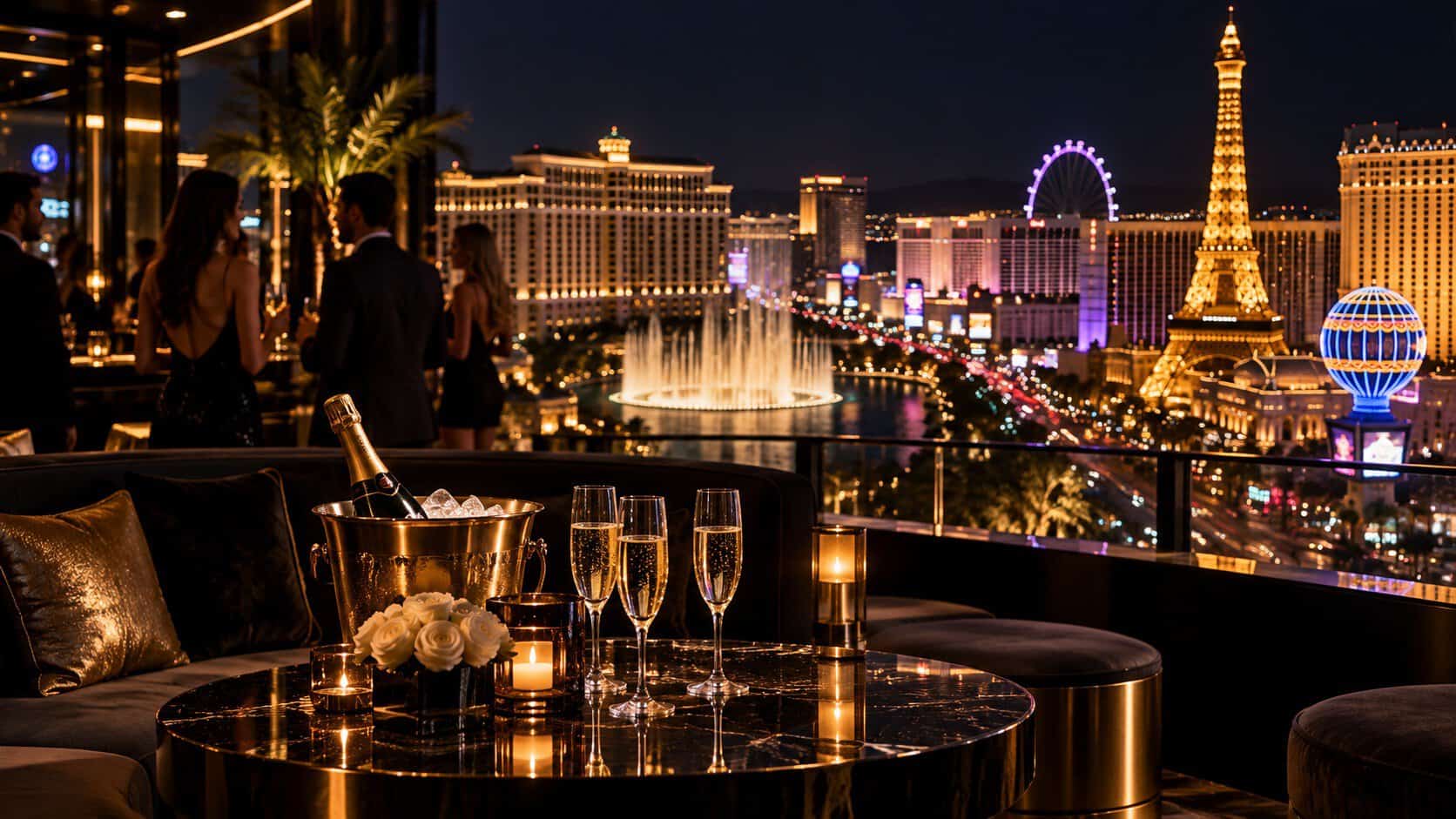 Las Vegas nightlife rooftop lounge with champagne, VIP seating and Strip views at night