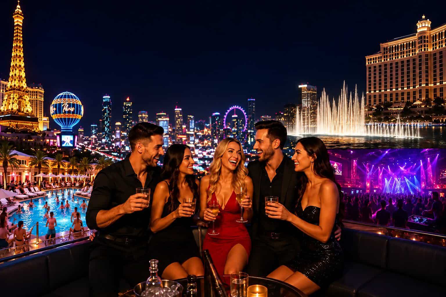 Friends enjoying Las Vegas nightlife with pool party, nightclub and Strip views during a three-day itinerary