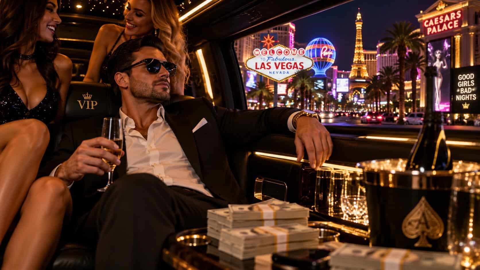 Las Vegas strip club nightlife with a VIP guest riding in a luxury limousine on the Strip