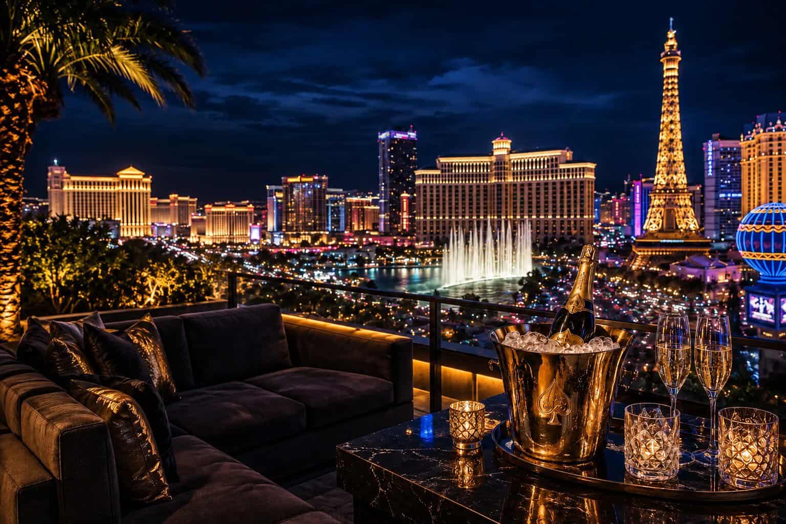 Luxury Las Vegas VIP concierge setting overlooking the Strip with champagne and private lounge seating