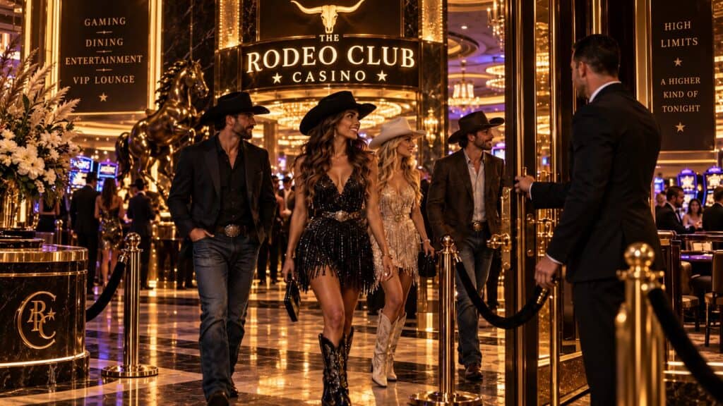 Western-dressed guests entering a luxury Las Vegas casino nightlife venue during NFR week
