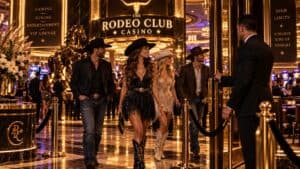 Western-dressed guests entering a luxury Las Vegas casino nightlife venue during NFR week