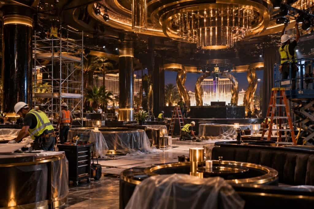 Luxury Las Vegas nightclub under renovation with construction crews preparing for reopening