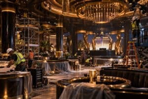 Luxury Las Vegas nightclub under renovation with construction crews preparing for reopening