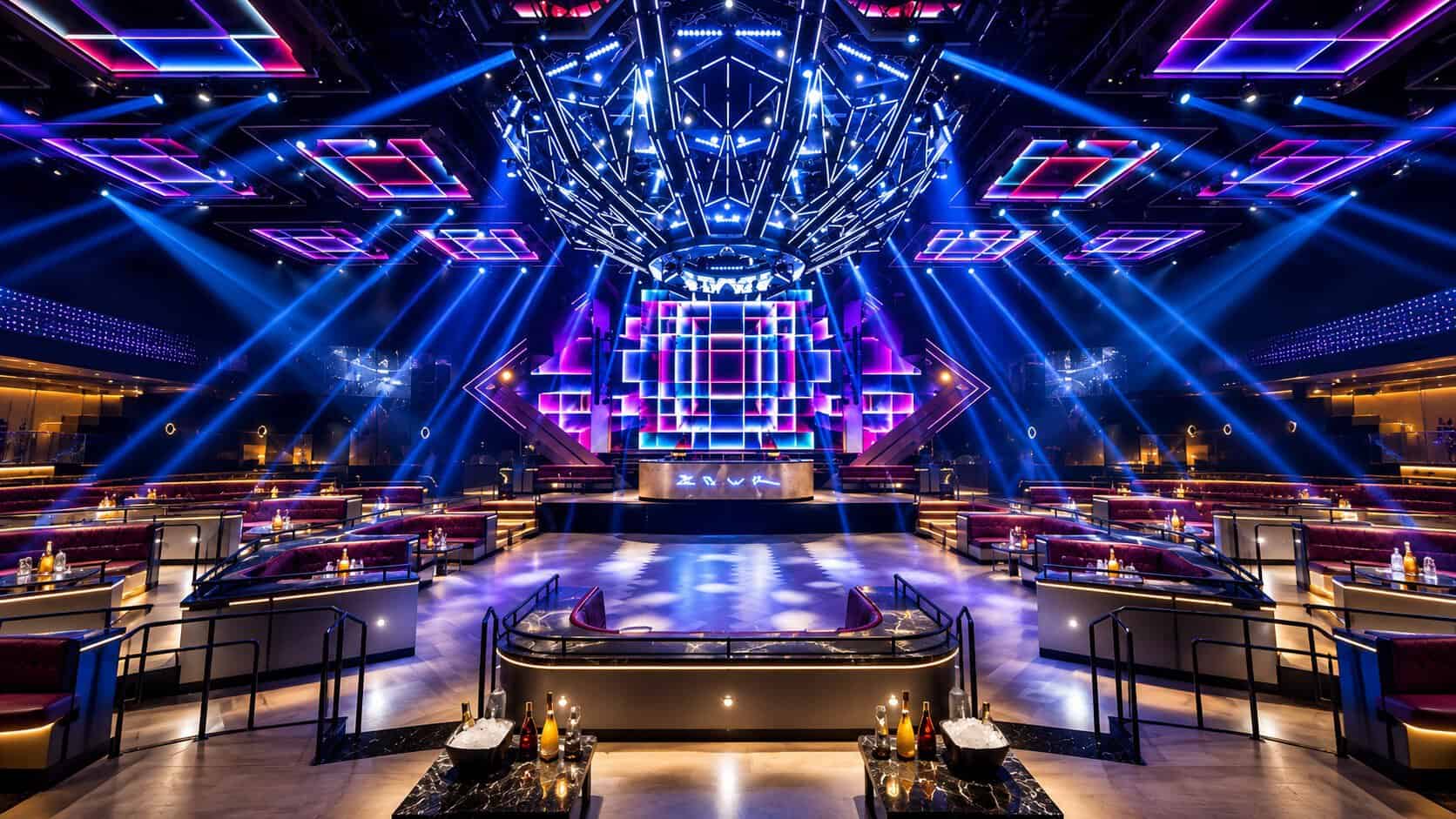 Zouk Nightclub Las Vegas main room with the Mothership lighting system, DJ stage and VIP seating
